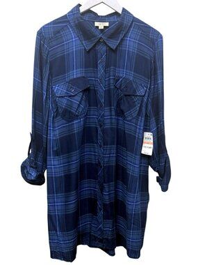 Style & Co Womens Top Plus Size  1X Plaid Navy Long Sleeve Flannel Shirt NWT